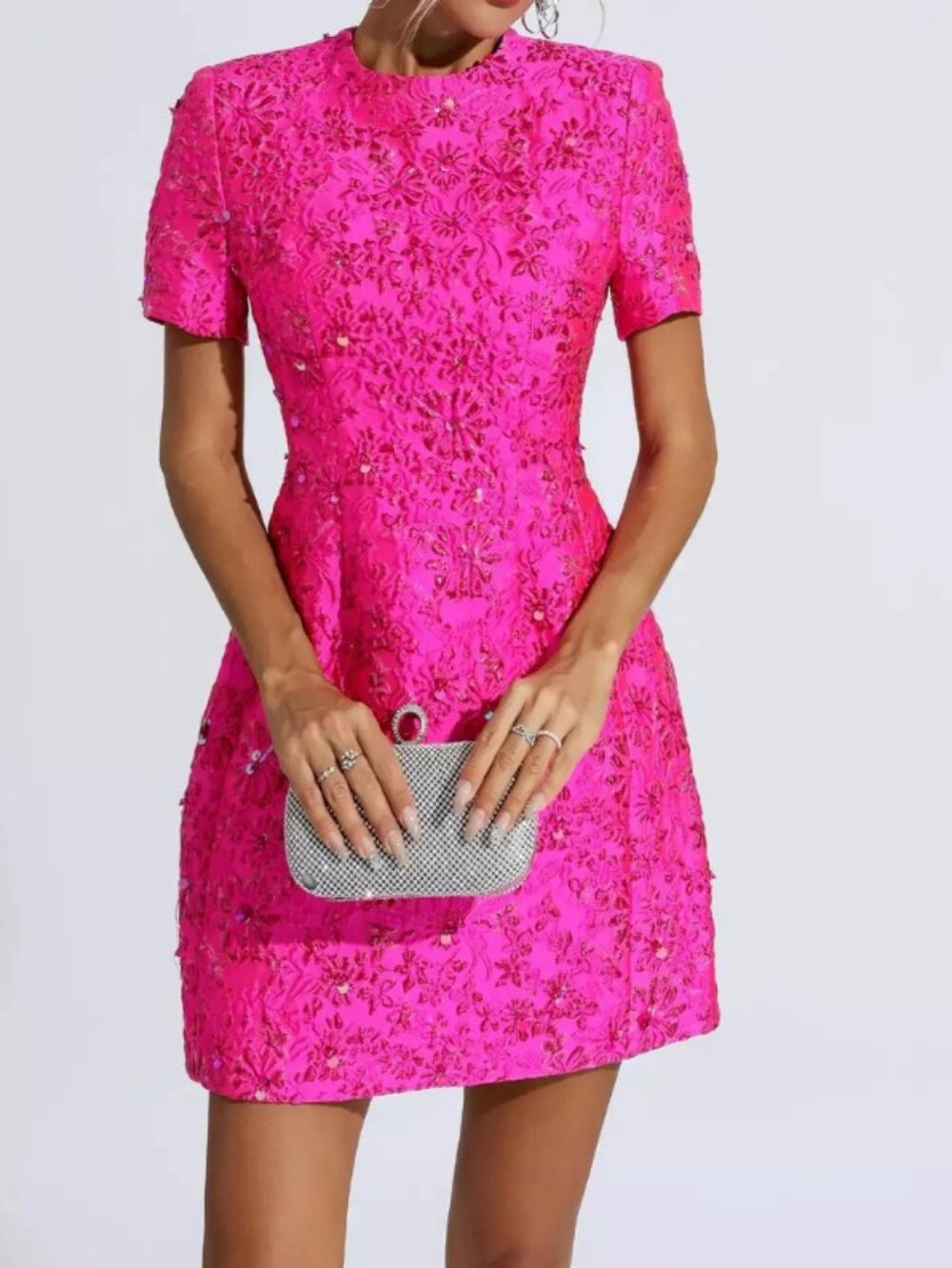LENA Elenah Pink Sequin Floral Jacquard Mini Dress Structured Shoulder L